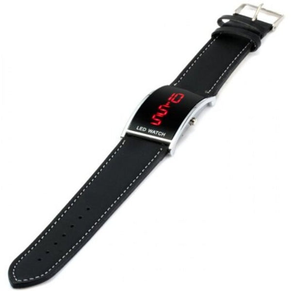 Led Watch With Red Digital Date Display Leather Band Black