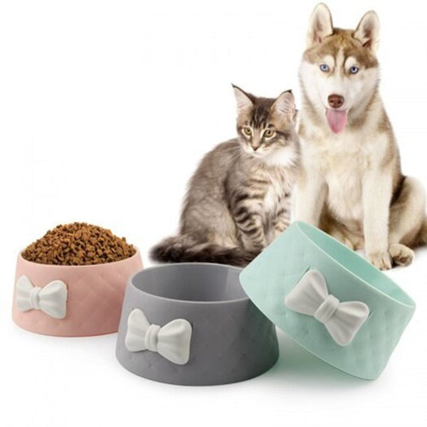 Pet Dog Feeding Food Bowls Puppy Lovely Bowknot Feeder Candy Colored Plastic Bule