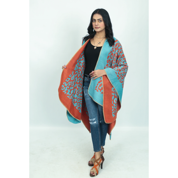 Leopard Orange Elegant Autumn Winter Shawl Artistic Split Design Knit Cloak With Oil Painting Style Scarves & Wraps