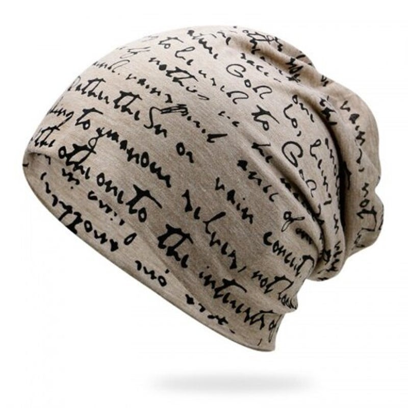 Letter Graffiti Headgear Breathable Turban Cap Elastic Fit For 56 59Cm Khaki