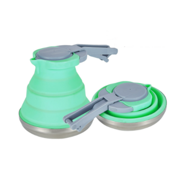 Light Green 1.5L Collapsible Silicone Camping Kettle Portable Foldable Travel Water Boiler Stainless Steel Base Camping Kettles