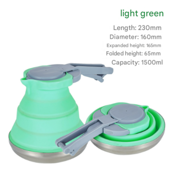 Light Green 1.5L Collapsible Silicone Camping Kettle Portable Foldable Travel Water Boiler Stainless Steel Base Camping Kettles