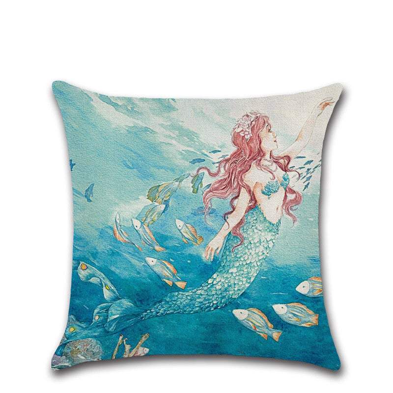 Pillowcases Linen Watercolour Mermaid Cushion Cover Cushions & Decorative Pillows