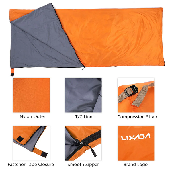 190*75Cm Lixada Outdoor Envelope Sleeping Bag Ultralight Camping Orange Sleeping Bags