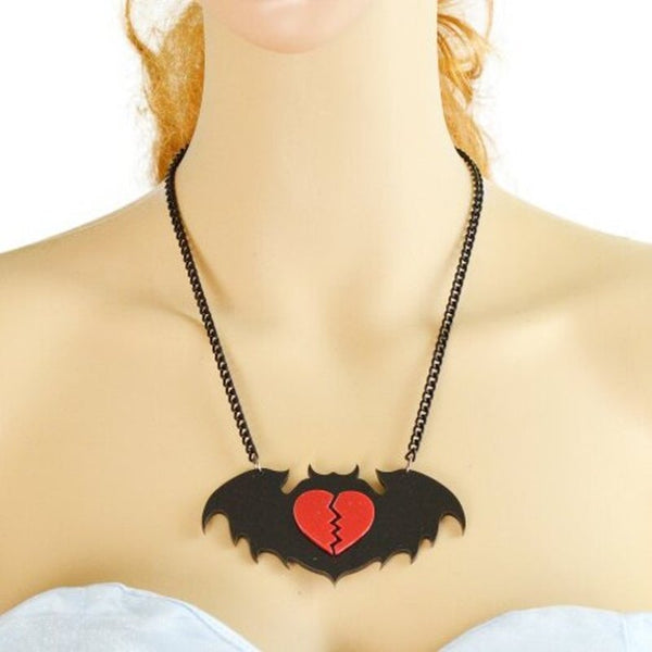 Long Chain Big Bat Pendant Necklace For Women Black
