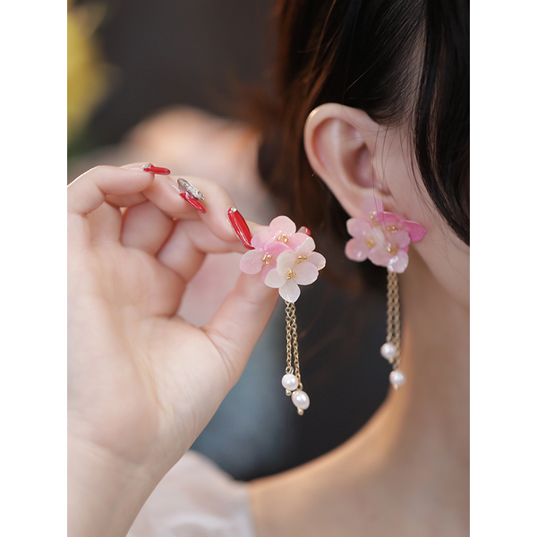 Veile Studios Long Dangle Sweet Romantic Pink Color Flower Glass Glazed Earrings