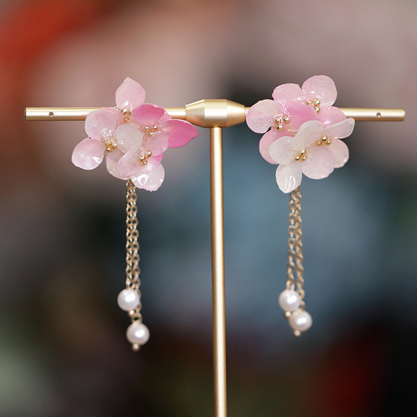 Veile Studios Long Dangle Sweet Romantic Pink Color Flower Glass Glazed Earrings