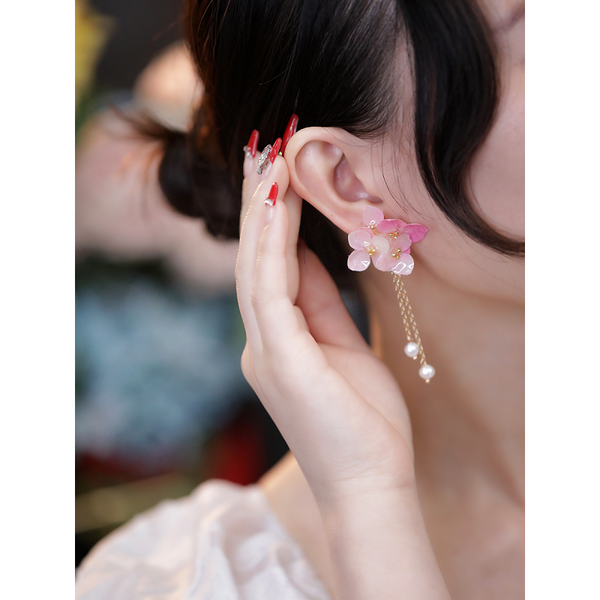 Long Dangle Earrings Sweet Romantic Pink Color Flower Glass Glazed