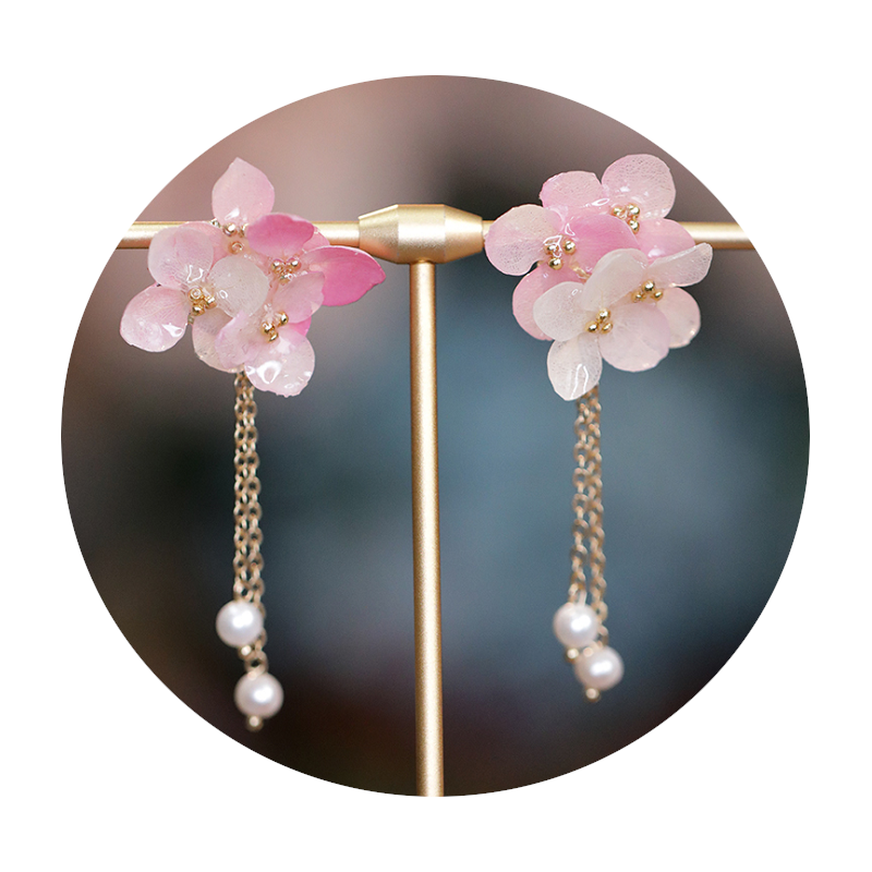 Veile Studios Long Dangle Sweet Romantic Pink Color Flower Glass Glazed Earrings