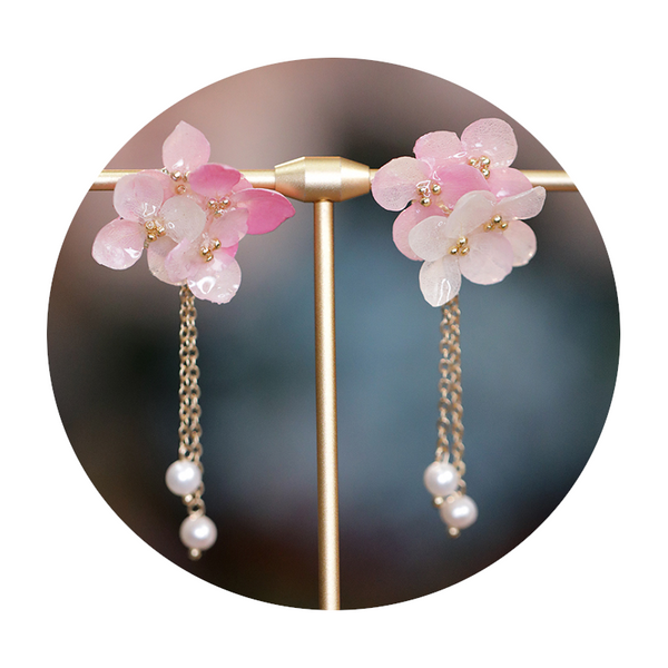 Veile Studios Long Dangle Sweet Romantic Pink Color Flower Glass Glazed Earrings