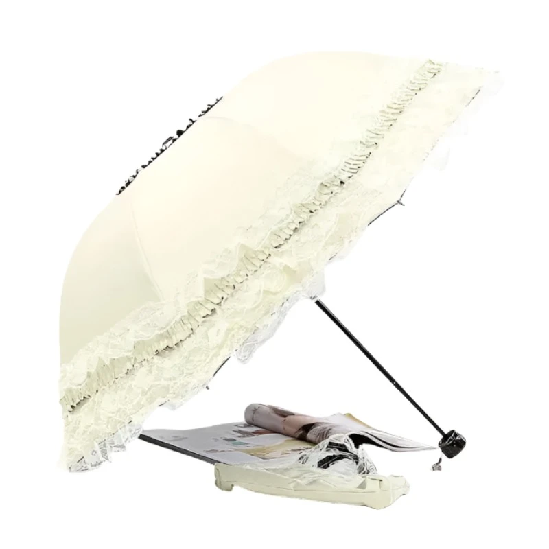 Umbrellas Lovely Manual Sun Umbrella Uv Protection Three Fold Lace With 8 Bone Waterproof Windproof Parasol