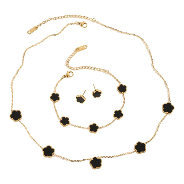 Lucky Clover 18K Gold Plated Necklace Bracelet Earring For Women Fashion Cute Simple Jewelry Sets Hypoallergenic Gift (Black) Jewellery Sets