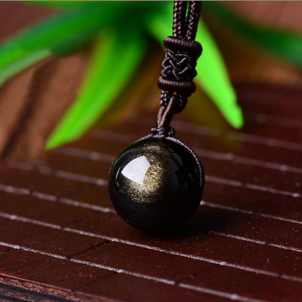 Lucky Black Gold Natural Obsidian Stone Pendant Necklace
