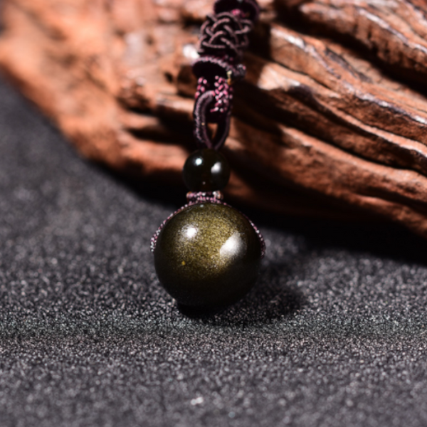 Lucky Black Gold Natural Obsidian Stone Pendant Necklace