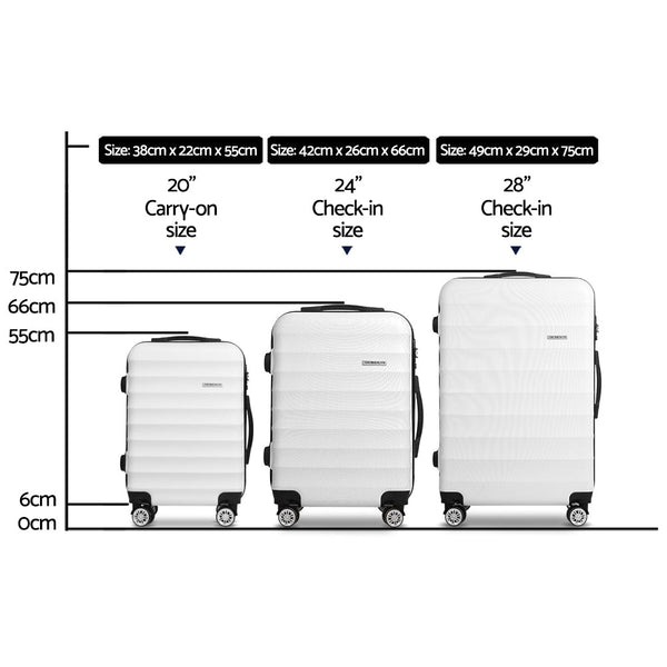 Wanderlite 3Pcs Luggage Trolley Set Travel Suitcase Tsa Hard Case White Standing Desks