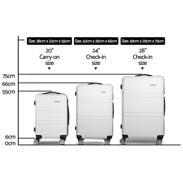 Wanderlite 3 Piece Luggage Trolley Set Suitcase Travel Tsa Hard Case White 20 Inch 24 Luggage Sets
