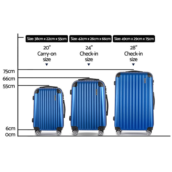 Wanderlite 3Pcs Luggage Set Travel Suitcase Storage Organiser Tsa Lock Blue Luggage Sets