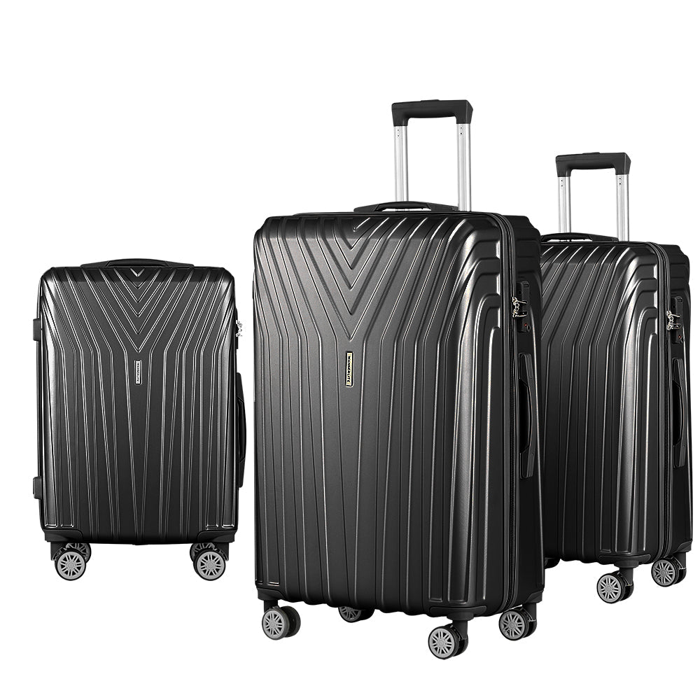 Wanderlite 3Pc Luggage 20'' 24'' 28'' Trolley Suitcase Sets Travel Tsa Hard Case Lightweight Black Luggage Sets