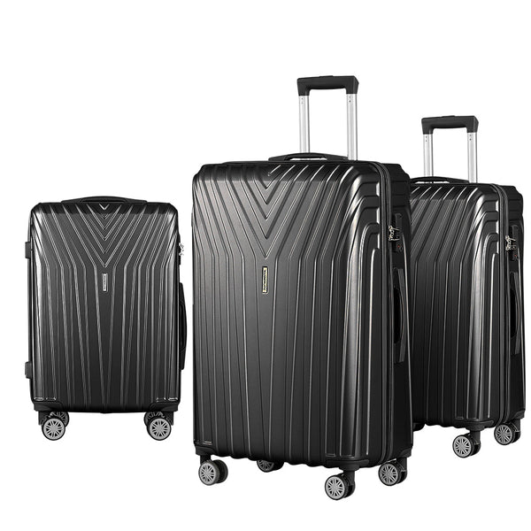 Wanderlite 3Pc Luggage 20'' 24'' 28'' Trolley Suitcase Sets Travel Tsa Hard Case Lightweight Black Luggage Sets
