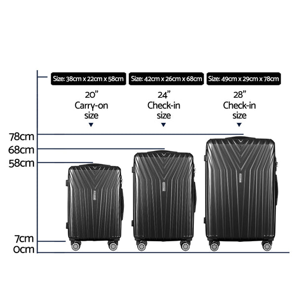 Wanderlite 3Pc Luggage 20'' 24'' 28'' Trolley Suitcase Sets Travel Tsa Hard Case Lightweight Black Luggage Sets