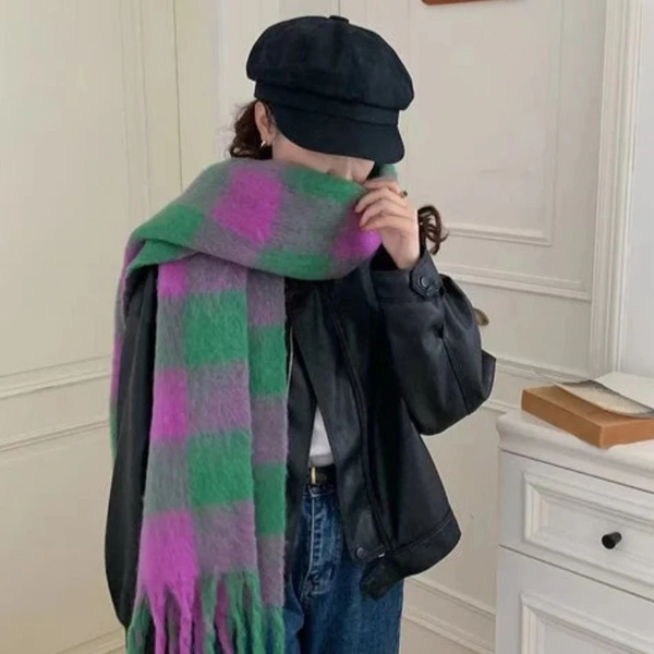 Women Wool Scarf Green Purple Plaid Student Shawl Accessories Scarves & Wraps