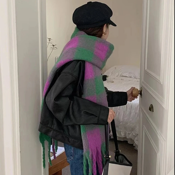 Women Wool Scarf Green Purple Plaid Student Shawl Accessories Scarves & Wraps
