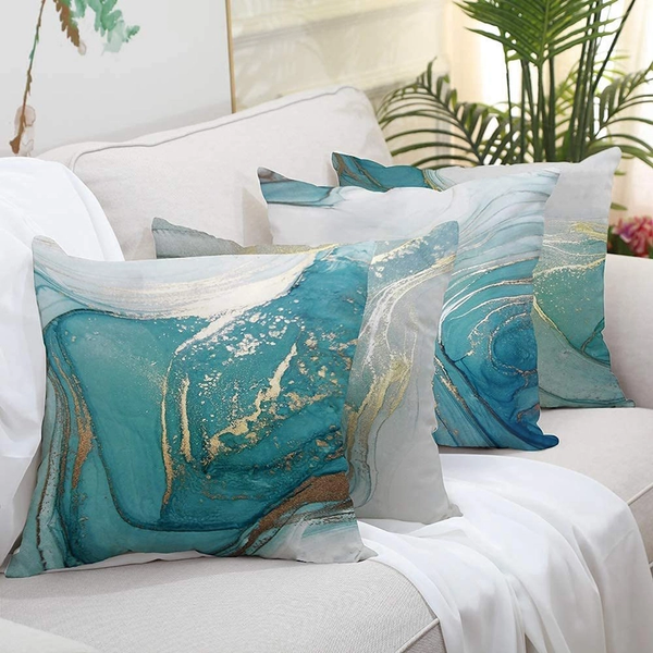 Luxury Cushion Marble Texture Turquoise, Gold, And Silver Pillow Covers