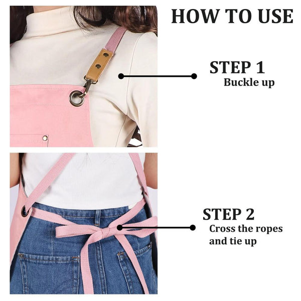 Kitchen Apron Beige Embroidery Cotton Canvas Double Side Straps Aprons