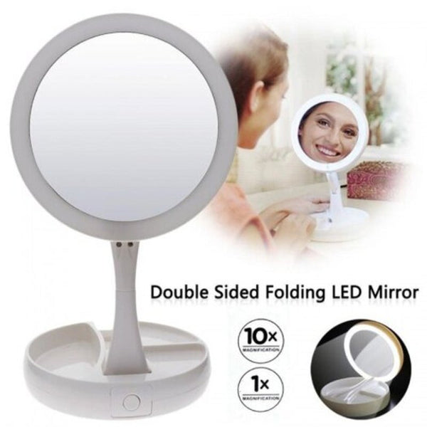 Makeup Mirror Portable Led Lighted Foldable Up Pocket Magnifying Mirrors Table Lamp
