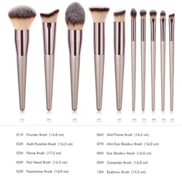 10 Pieces Champagne Makeup Set Foundation Powder Blush Eyeshadow Concealer Brushes