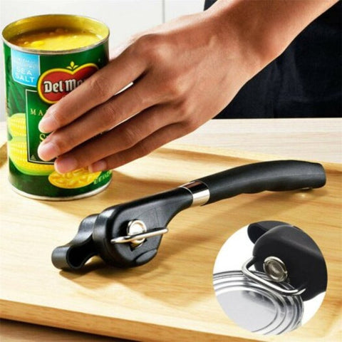 Manual Can Opener Tin Safety Cut Lid Smooth Edge Side Stainless Steel Black