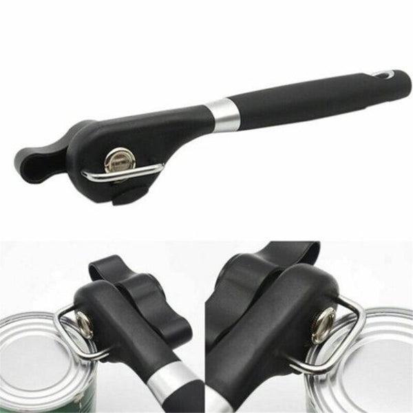Manual Can Opener Tin Safety Cut Lid Smooth Edge Side Stainless Steel Black