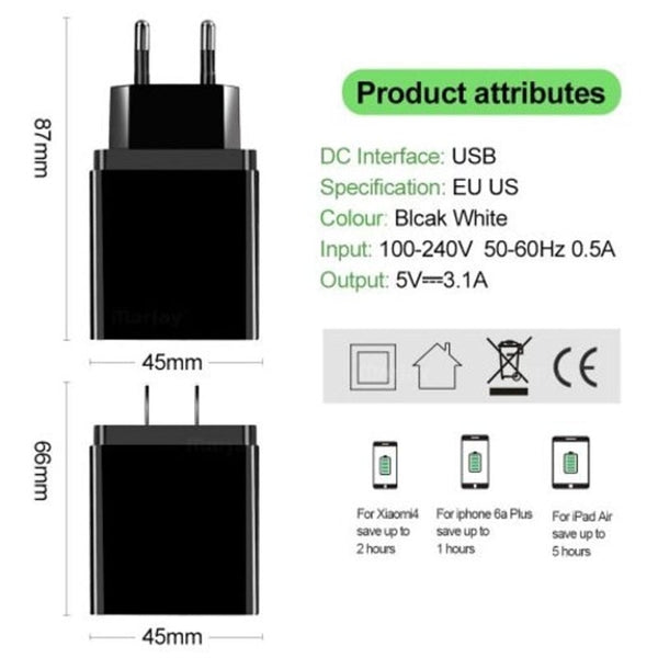 3.1A5v Uk Us Usb Travel Plug 3Ports Lcd Intelligent Digital Displayl For Xiaomi Note 10 Black