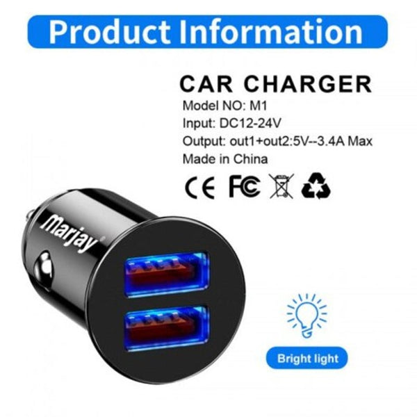 3.4A Fast Car Charging Dual Usb Phone Charger With Led Display For Xiaomi Samsung Iphone Black Universal