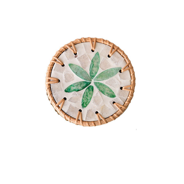 4 Pcs Beige Background With Green Flower Handcrafted Rattan Coaster With Natural Shell Inlay Decorative & Heat Insulating Drink Mat Coasters