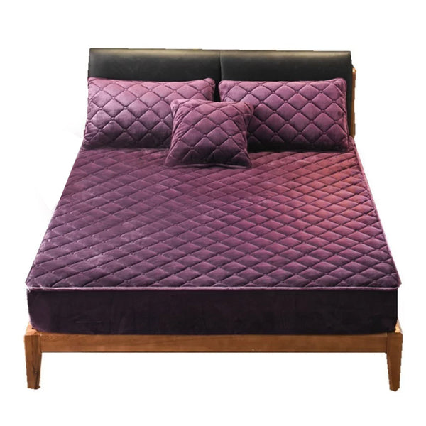 Mattress Cover Dark Purple Crystal Velvet Quilted Bed Sheet Sheets