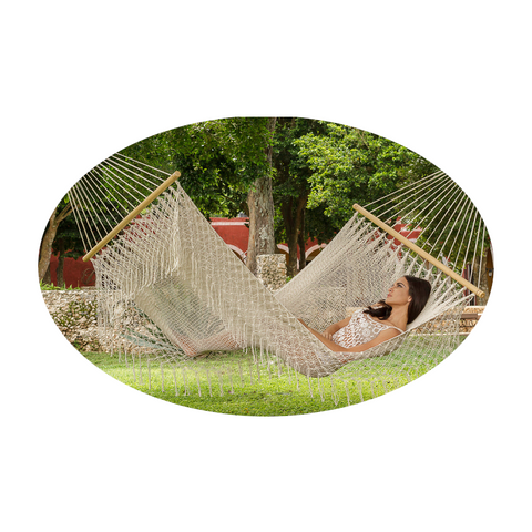Mayan Legacy Queen Size Outdoor Cotton Mexican Resort Hammock With Fringe In Cream Colour