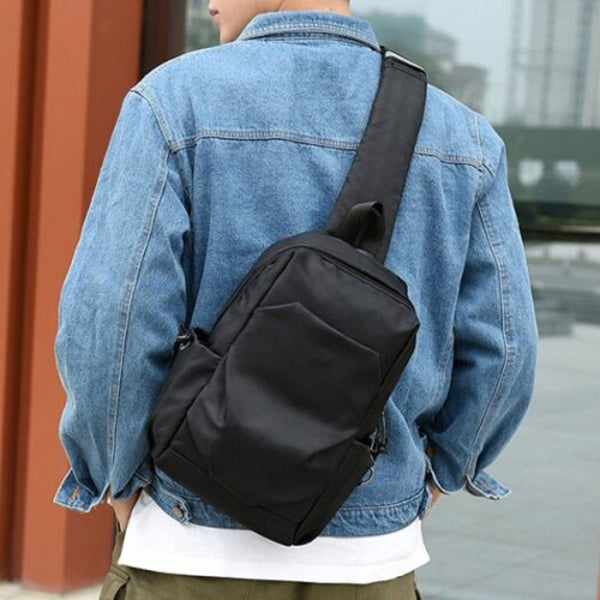Men Chest Bag Canvas Sport Leisure Student Backpack Travel Shoulder Crossbody With External Charging Hole And Usb Design Black