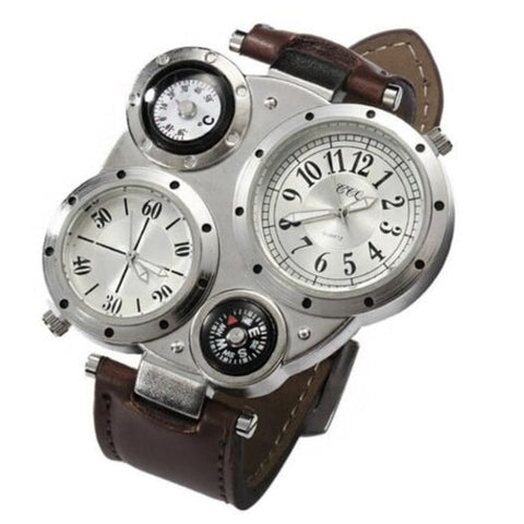 Men Fashion Creative Compass Chronograph Leather Quartz Sport Watch Rosy Finch