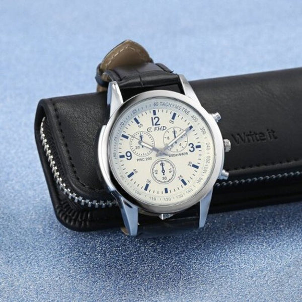 Veile Studios Men Faux Leather Blue Ray Glass Quartz Analog Brown Black White Watches