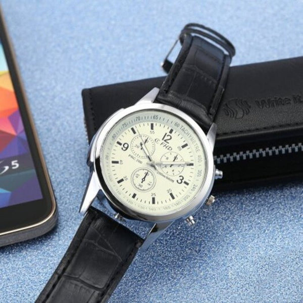 Veile Studios Men Faux Leather Blue Ray Glass Quartz Analog Brown Black White Watches