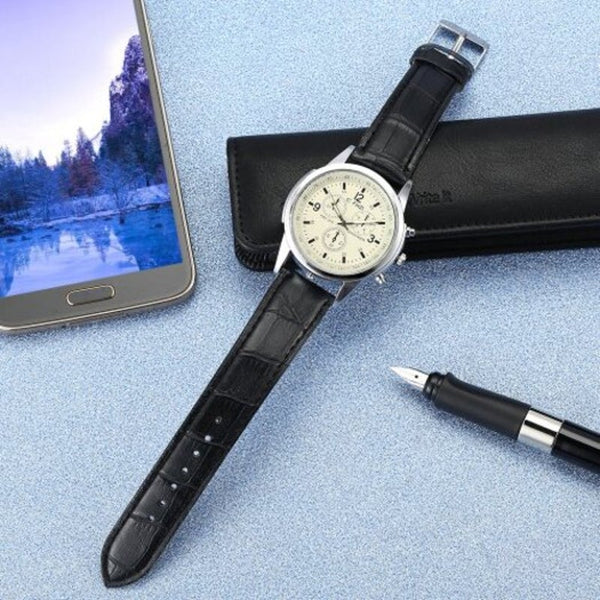 Veile Studios Men Faux Leather Blue Ray Glass Quartz Analog Brown Black White Watches