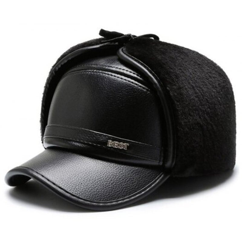 Men Pu Woolen Thickening Ear Face Protective Hat Practical Warm Winter Cap Black Hats