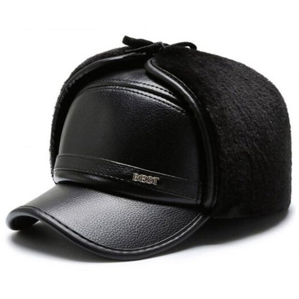 Men Pu Woolen Thickening Ear Face Protective Hat Practical Warm Winter Cap Black Hats