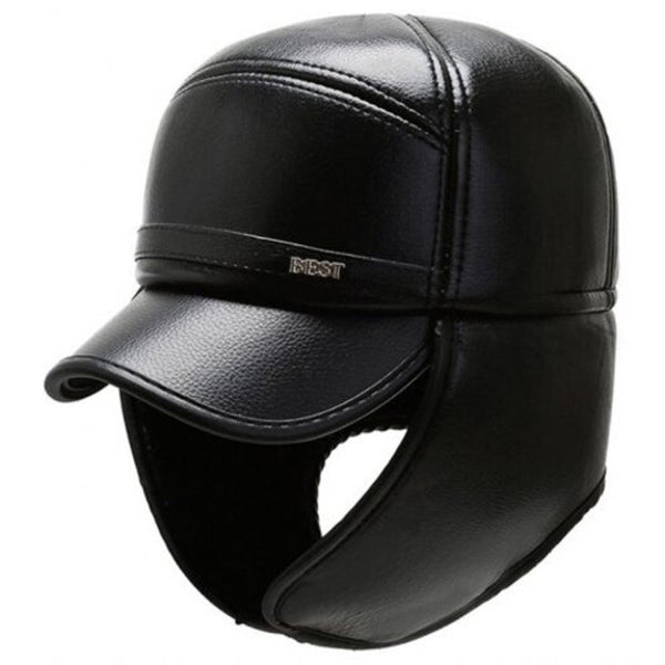 Men Pu Woolen Thickening Ear Face Protective Hat Practical Warm Winter Cap Black Hats