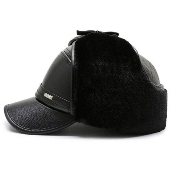Men Pu Woolen Thickening Ear Face Protective Hat Practical Warm Winter Cap Black