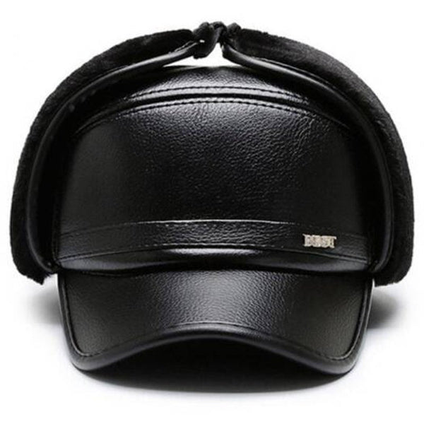 Men Pu Woolen Thickening Ear Face Protective Hat Practical Warm Winter Cap Black Hats