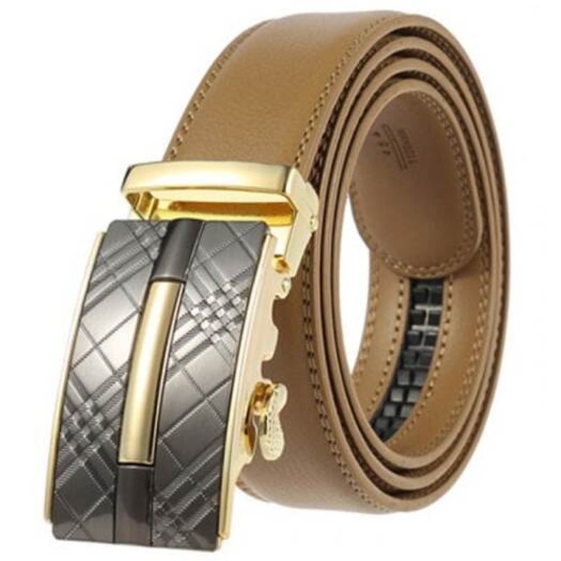Men's Business Genuine Leather Belt Automatic Alloy Buckle Retro Plaid Waistband Gold Belts