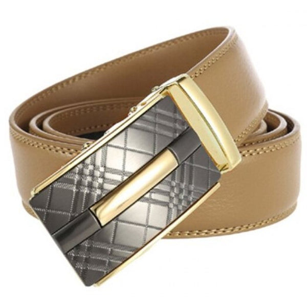 Men's Business Genuine Leather Belt Automatic Alloy Buckle Retro Plaid Waistband Gold