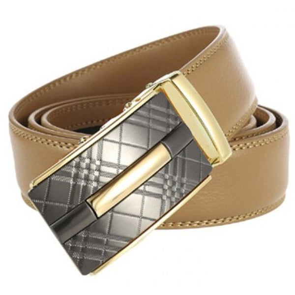 Men's Business Genuine Leather Belt Automatic Alloy Buckle Retro Plaid Waistband Gold Belts